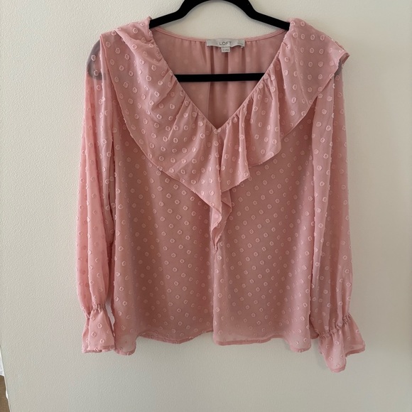 Loft, Light Pink Ruffle Blouse, Size Large Petite - Picture 1 of 5
